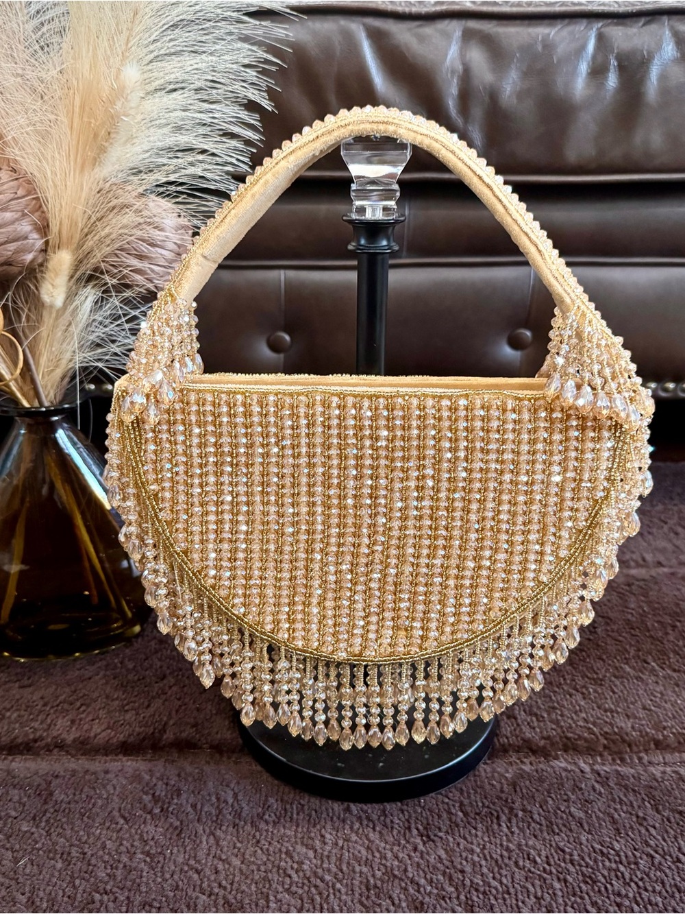Gold Beaded Crystal Fringe Evening Clutch